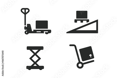 Material handling solid glyph icons set. Warehouse logistics equipment collection. Vector symbols of pallet jack, loading ramp, scissor lift, and dolly for moving cargo.