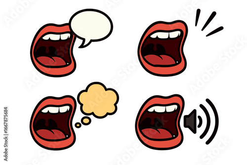 Set of open mouths shouting, talking, and thinking. Communication icons with speech and thought bubbles, sound waves. Vector illustration for expression, voice, and emotion.
