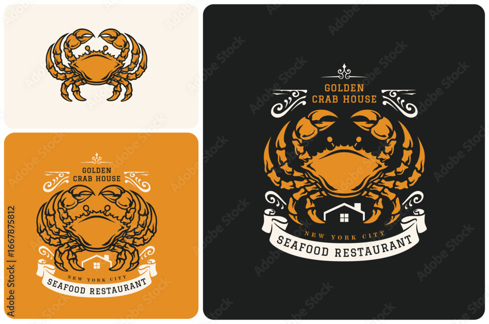 Obraz premium A vintage-style seafood restaurant logo with hand-drawn orange crab, ornamental house details. Vector illustration logo