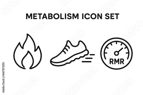 Metabolism icon set. Vector line icons of energy expenditure, running shoe for exercise, and resting metabolic rate (RMR) gauge for health, diet, and weight loss concepts.