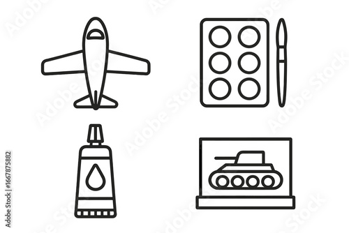 Detailed Outline Icon Set of Model Building and Collectibles Including Model Airplane, Paint Palette with Brush, Glue Tube, and Displayed Model Tank, Vector Illustration