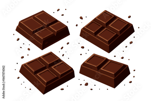 Dark chocolate bar pieces vector illustration set. Isometric cartoon chunks of dark chocolate with flying crumbs. Sweet dessert, cocoa candy, snack food concept isolated graphic.