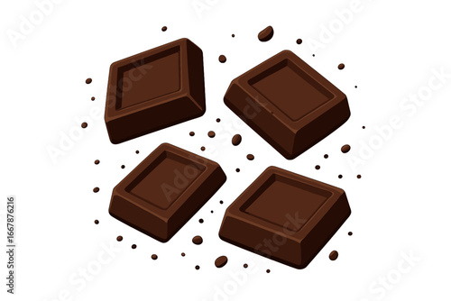Isolated dark chocolate pieces with flying crumbs. Vector cartoon illustration of a popular dessert snack. Sweet food, cocoa, confectionery, gourmet candy bar chunks design.