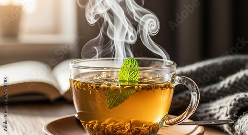 Steaming cup of herbal tea with mint garnish and open book