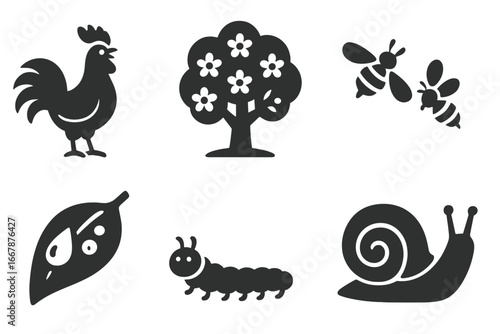 Nature awakening solid icon set. Spring morning symbols. Rooster, blooming tree, bees, dew on leaf, caterpillar, snail. Farm and garden animal vector glyphs for web and print.