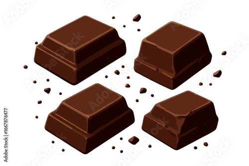 Isometric dark chocolate pieces with crumbs. Vector icon set for dessert, sweet food, snack, or baking ingredient. Isolated gourmet cocoa confectionery candy bar illustration.