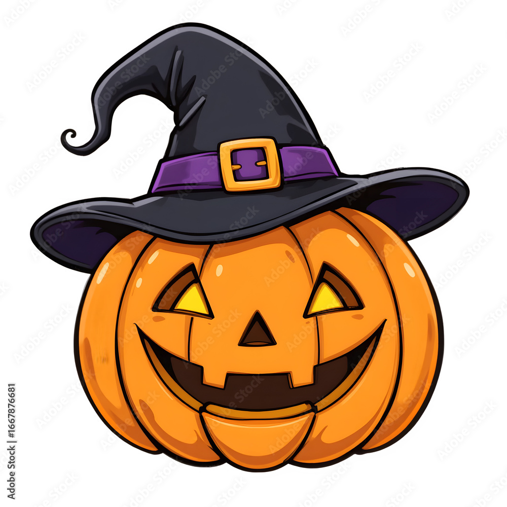 Fototapeta premium Halloween Clipart Graphic: Cute Jack-o'-Lantern PNG on Transparent Background with a Witch Hat for T-Shirt Design,Spooky and Autumn Illustrations