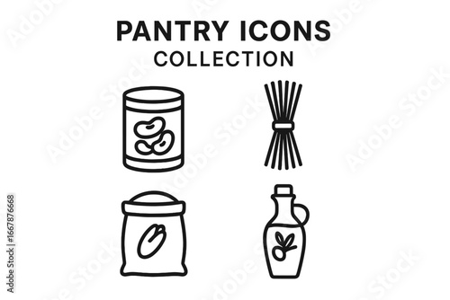 Pantry Icons Collection, Outline Vector Set of Pantry Staples, Canned Beans, Pasta Bundle, Rice Sack, Olive Oil Bottle, Kitchen Food Storage, Cooking Ingredients