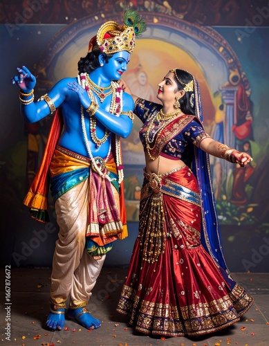 Woman Dancing with Lord Krishna Depiction in Colorful Sari.