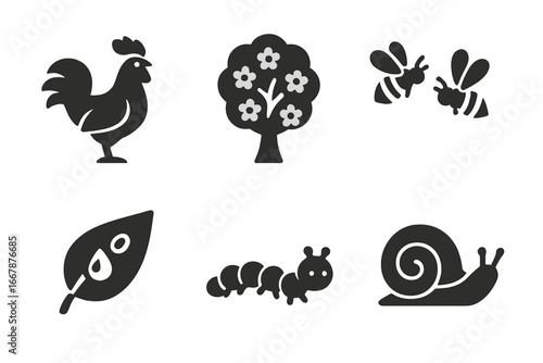 Nature awakening solid icon set. Spring morning symbols collection. Rooster, blooming tree, bees, dew on leaf, caterpillar, snail. Farm animal and insect wildlife glyphs.