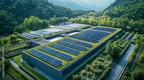 Aerial view of a large-scale data center powered by sustainable energy with solar panels on the roof, surrounded by greenery