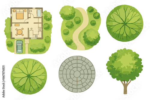 Watercolor landscape architecture set. Top view plan of house, garden, park. Collection of tree, car, path, pavement elements for designer. Aerial view vector illustration.