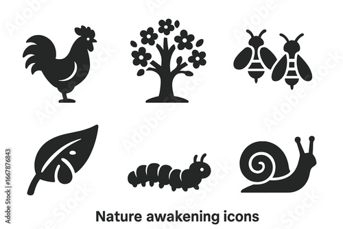 Spring nature awakening icon set. Solid glyph icons of rooster, blooming tree, bees, morning dew on leaf, caterpillar, snail. Farm life and garden wildlife vector symbols.