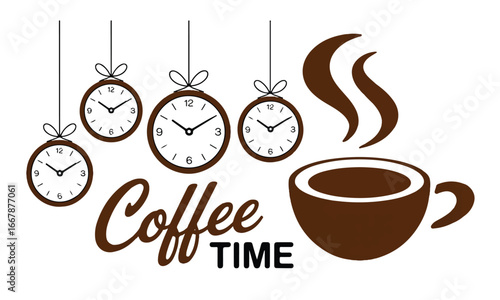 
"Coffee Time" Logo with Hanging Clocks and a Steaming Cup, a perfect illustration for a cafe or office breakroom.