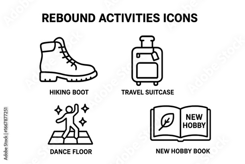 Outline vector icon set of rebound activities including hiking boot, travel suitcase, dance floor, and new hobby book, leisure and lifestyle symbols for active living and hobbies