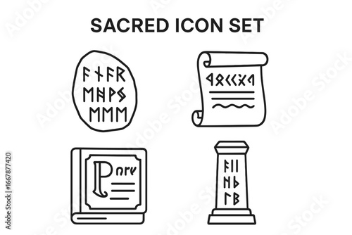 Sacred Icon Set with Ancient Inscriptions, Chiseled Runes, Scroll Fragment, Illuminated Manuscript, Etched Pillar, Historic Symbols, Outline Vector Illustration