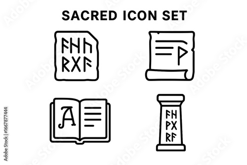 Sacred Icon Set of Outline Vector Symbols Featuring Ancient Inscriptions, Chiseled Runes, Scroll Fragments, Illuminated Manuscripts, and Etched Pillars for Religious and Cultural Design