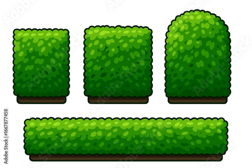Set of green cartoon bush and hedge vector icons. Shrubbery and foliage game assets for landscape design. Garden or park plants and topiary elements in various shapes.