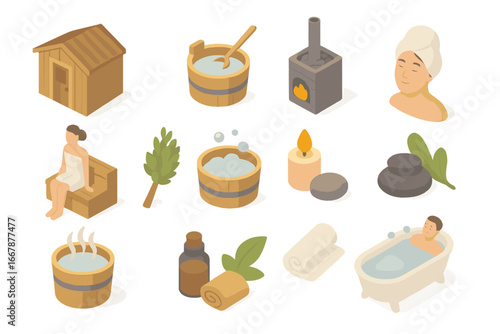 Sauna and Wellness Icon Set - Isometric Relaxation, Spa Elements, Bathhouse Designs, Aromatherapy, Hot Stone Therapy, Bathing and Self-Care Vector Illustration on Transparent Background
