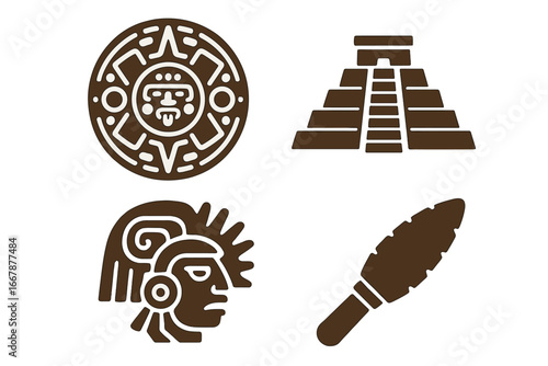 Solid filled icon set of Mayan and Aztec civilization symbols including calendar stone, step pyramid, obsidian blade, and warrior head. Vector cartoon illustration.