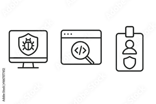 Set of Security Outline Icons with Computer Virus Shield, Code Scan Magnifier, and Security Badge for Compliance, Vulnerability Scanner, Cybersecurity, and Protection Concepts Vector Illustration