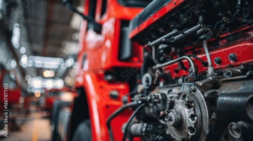 High-quality photo of disassembled truck engine in repair service. Heavy machinery, diesel motor vehicle part close-up. Red truck blurred background. Maintenance, repair.