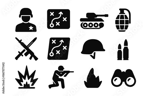 Military tactics silhouette icons set – solid filled strategy and combat symbols, army warfare vector cartoon illustration with transparent background, ordered set of strategic and combat weapon icons