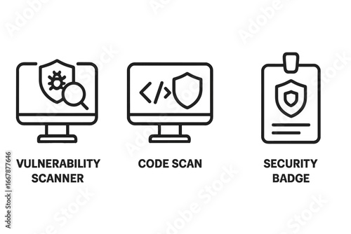 Security Icon Set Outline with Vulnerability Scanner, Code Scan, and Security Badge Symbols for Digital Protection and Compliance Vector Illustration