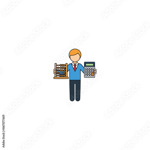 A businessman stands holding an abacus and a calculator, symbolizing the evolution of accounting and financial calculation methods.