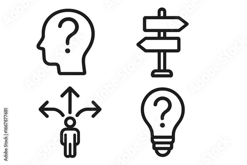 Multiple icons representing decision making, problem solving, direction choice, and uncertainty in a minimalist vector style, cartoon illustration with transparent background