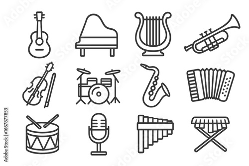 Set of Line Style Music Instrument Icons for Creative Projects, Digital Design and Multimedia Applications, Vector Cartoon Illustration with Transparent Background