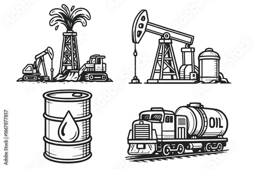 Oil and Gas Industry Icons Depicting Exploration, Production, and Transportation Activities in Detailed Line Art Style, Vector Cartoon Illustration of Rig, Barrel, and Tanker Train
