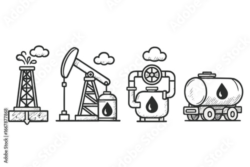 Detailed line art vector icons of oil and gas industry showing exploration, drilling, production, processing, and transportation operations in a cartoon style