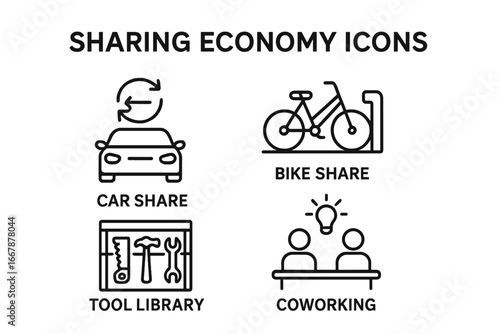 Sharing Economy Icons Set, Outline Vector Illustration of Car Share Vehicle, Bike Share Station, Tool Library Shelf, Coworking Space Concepts, Transparent