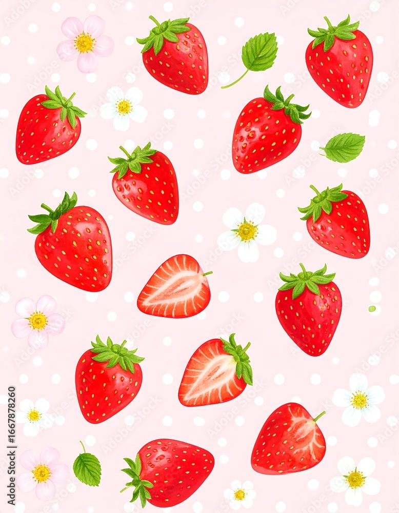 Vibrant strawberries and flowers on a light pink background Vibrant strawberries and flowers on a light pink background