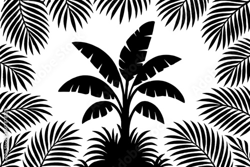 Exotic tropical palm leaves frame with black silhouette of banana tree foliage, rainforest greenery border with lush tropical branches and detailed jungle plants design
