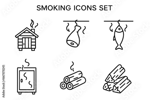 Smoking Icons Set - Outline Vector Collection of Smoked Meats, Hanging Fish, Smokehouse Cabin, Smoking Chamber, and Wood Logs for BBQ and Smoking Process