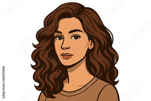 Portrait of elegant woman with voluminous wavy brunette hair, subtle makeup, neutral background, vector cartoon illustration, beauty, fashion, hairstyle, female face design