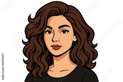Portrait of a confident woman with voluminous wavy brunette hair, subtle makeup, neutral background, vector cartoon illustration, female beauty, modern style avatar