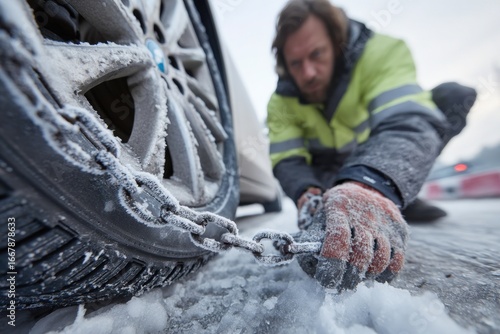 Man attaching snow chains to icy car wheel, cinematic winter roadside scene perfect for safety instructions, transport campaigns, or articles