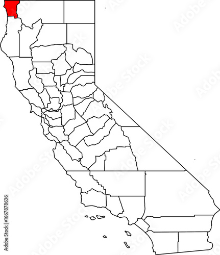 Map of California highlighting Del Norte County. Perfect for projects on its dense redwood forests, rugged coastline, and proximity to the Oregon border.