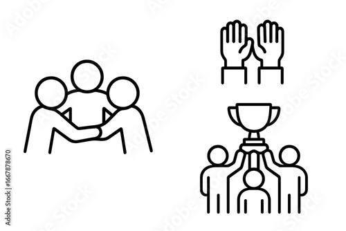 Team Victory Icons Outline Set, Collaboration, Group Huddle, Raised Hands Celebration, Trophy with Teammates, Winning Concept, Teamwork and Success Vector Illustration
