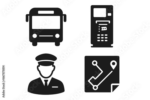 Transport icon set with solid filled symbols of public transportation elements including city bus, ticket machine, bus driver, and route map, vector illustration on transparent background