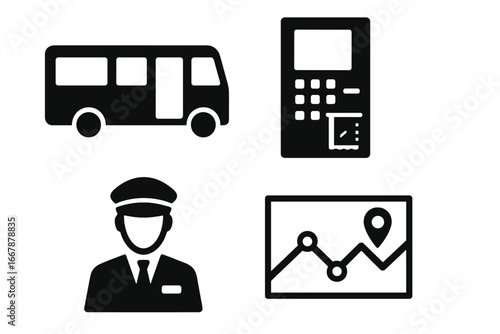 Transport Icons Set. Solid filled vector icons of public transportation elements including city bus, ticket machine, bus driver, and route map. Urban travel and transit symbols collection.