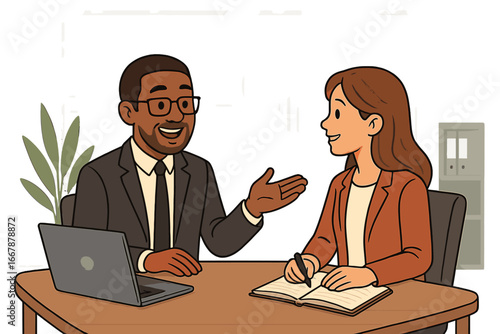 Professional business mentor and mentee interaction in modern office setting, daytime discussion, teamwork and coaching concept, vector cartoon illustration with transparent background