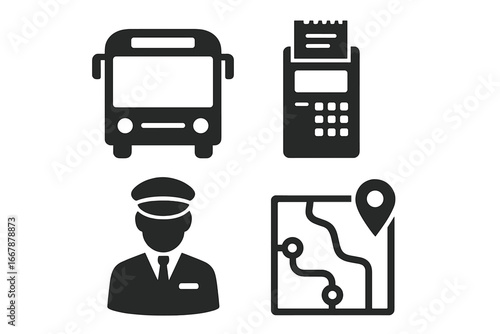 Transport icons set including solid filled city bus, ticket machine, bus driver, route map, public transportation symbols, vector illustration on transparent background