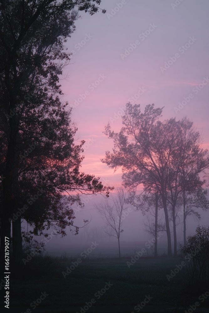 Fototapeta premium Misty, pinkish sunrise through trees