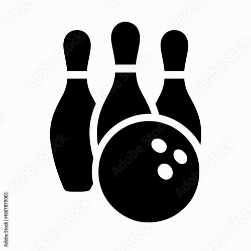 Black Bowling Ball and Pins Silhouette on White Background for Sports and Recreation