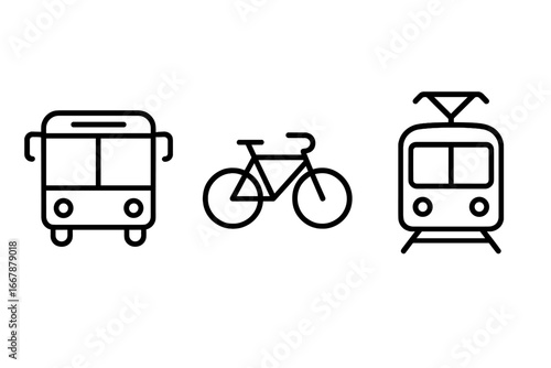 Public transport related line vector icons featuring bus, bicycle, and tram designs for urban mobility, transit, transportation, city commute, and eco-friendly travel illustration