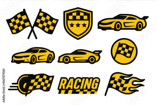 Racing symbols and designs featuring checkered flags and sleek sports cars in black and yellow, vector cartoon illustration set with transparent background, motorsport elements